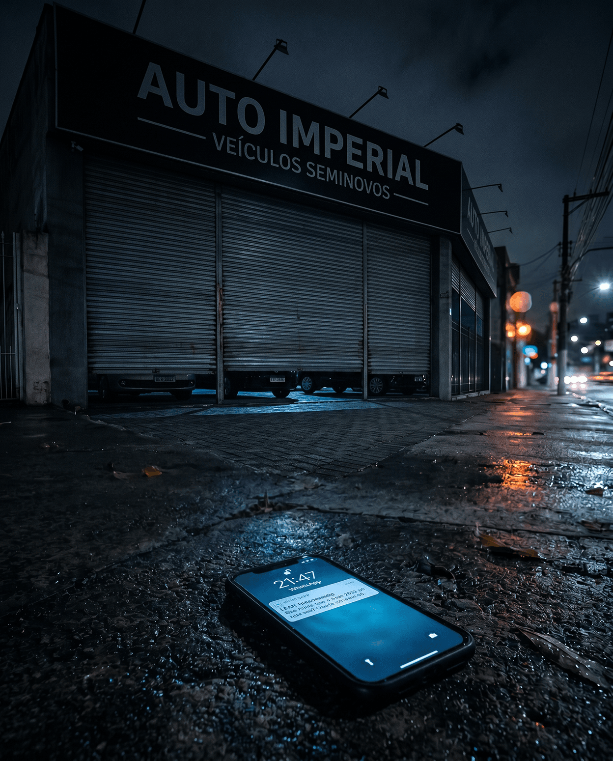 Fachada de revenda com as portas fechadas à noite e um celular aceso no chão molhado